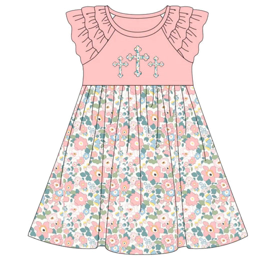 Floral Cross Appliqué Girls Dress